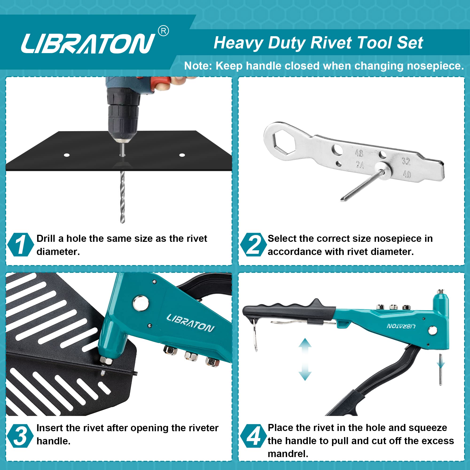 LIBRATON rivet gun side shot highlights ergonomic grip and portability.