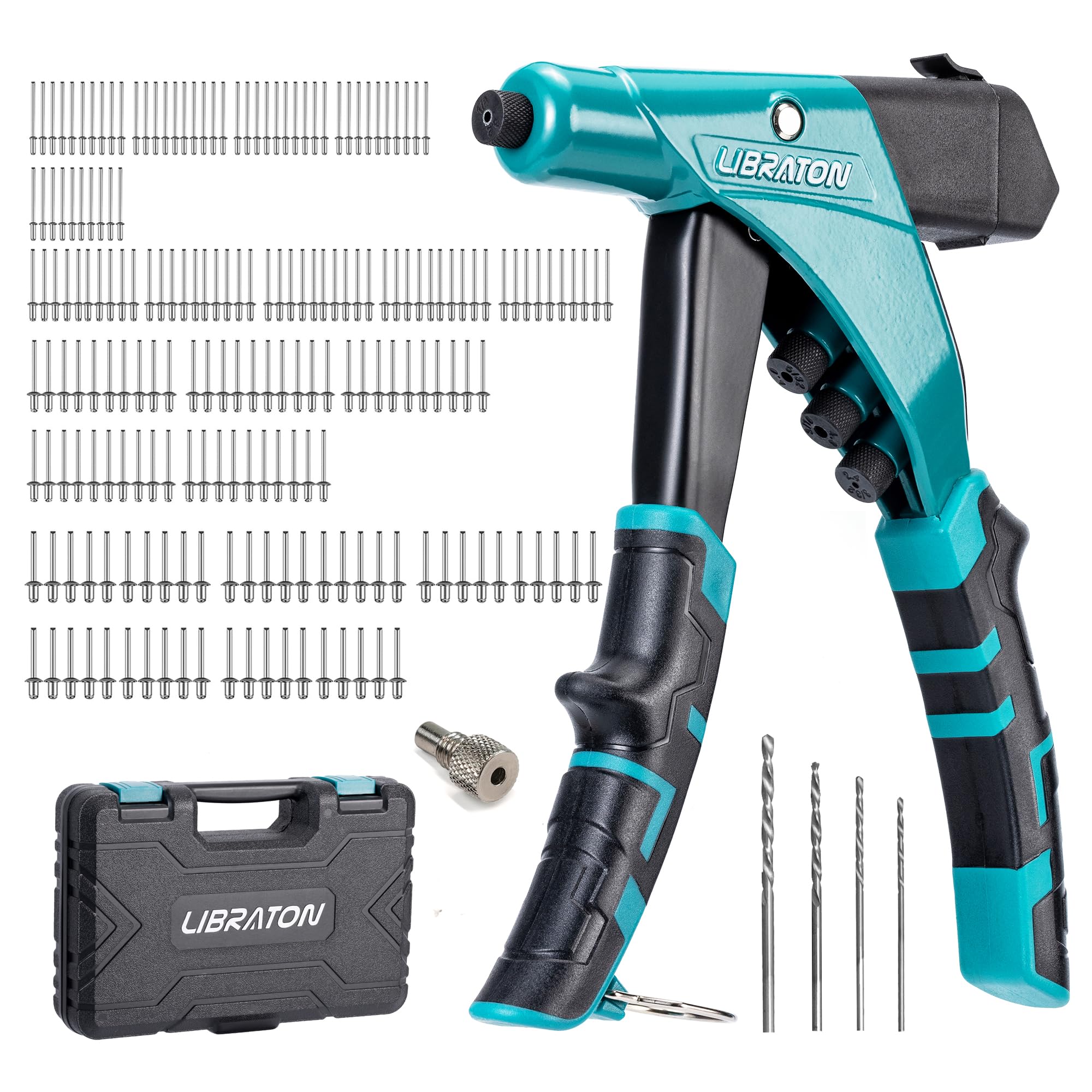 LIBRATON rivet gun with ergonomic one-handed handle for easier control.