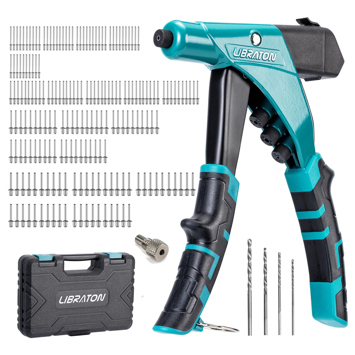 LIBRATON rivet gun with ergonomic one-handed handle for easier control.