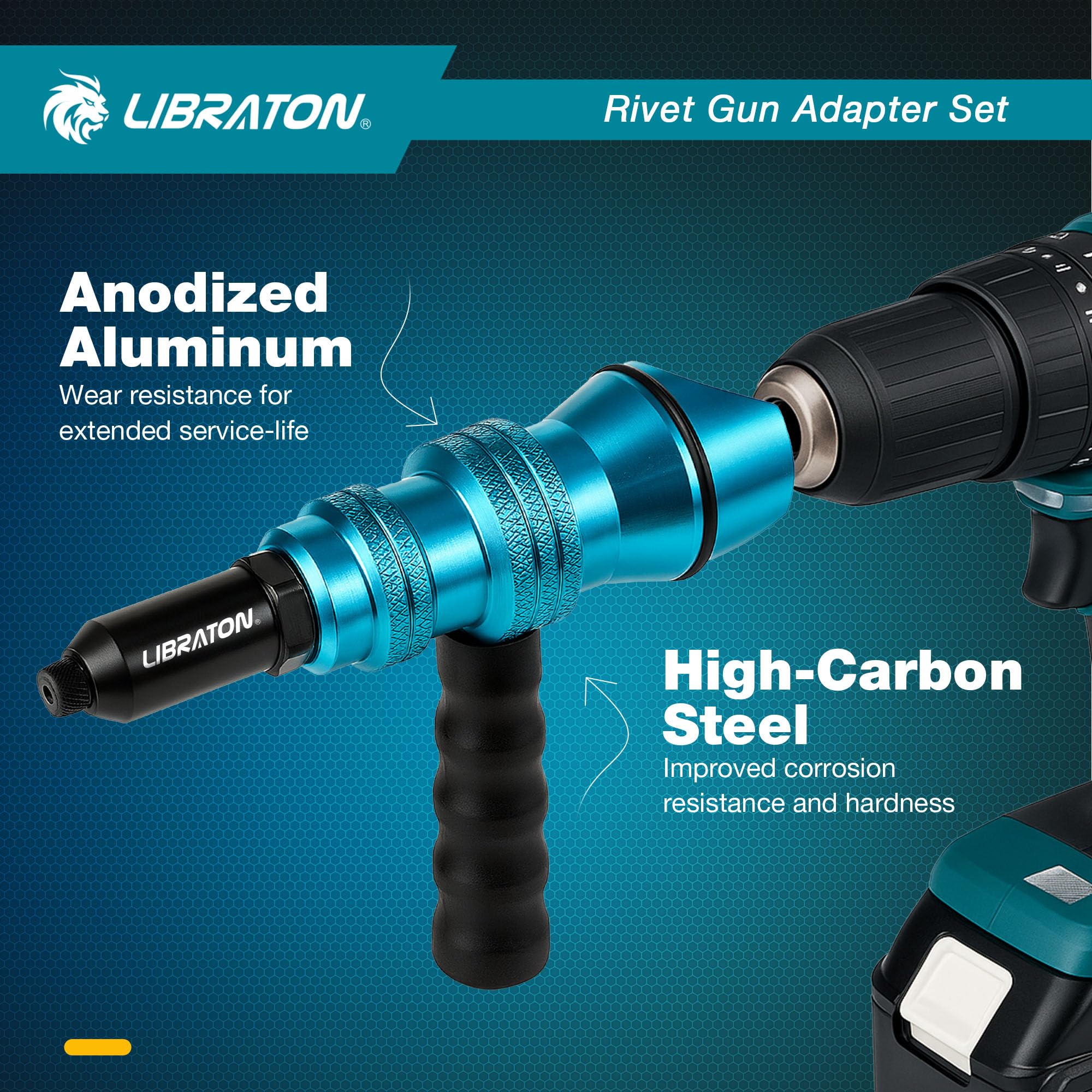 LIBRATON rivet adapter with ergonomic handle reduces fatigue during long sessions.