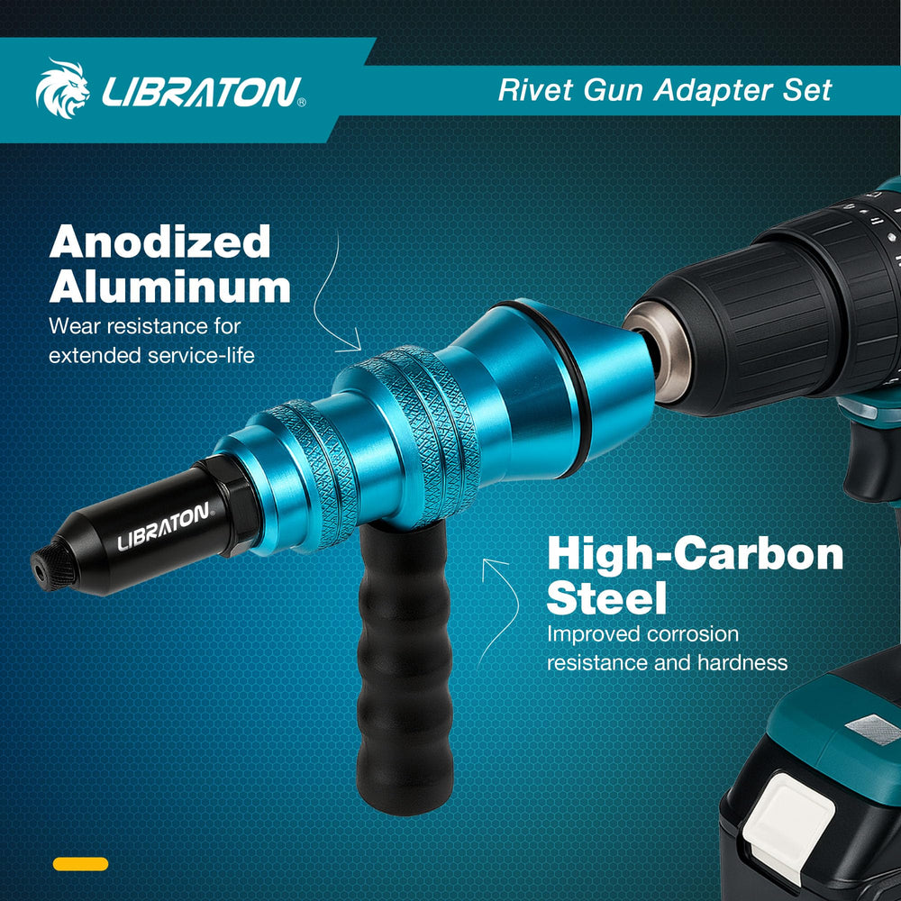 LIBRATON rivet adapter with ergonomic handle reduces fatigue during long sessions.