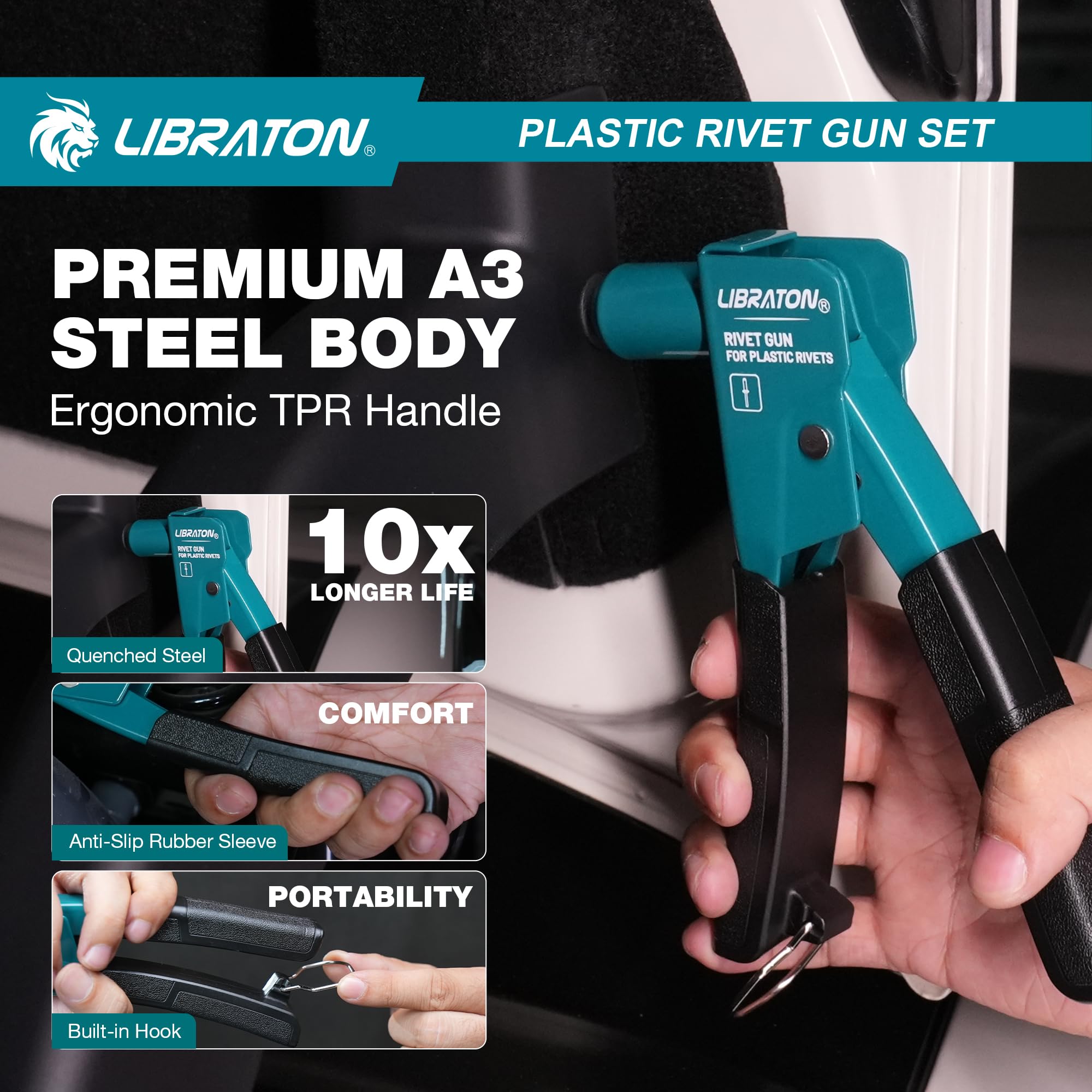 LIBRATON rivet gun 90-degree head enables access behind dashboards