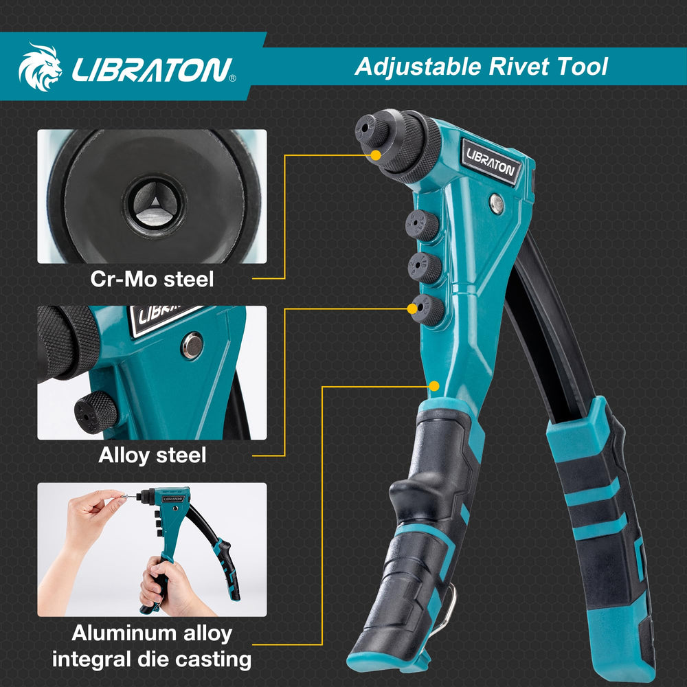 LIBRATON rivet gun interchangeable nozzles enable versatile rivet sizes.