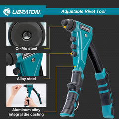 LIBRATON rivet gun interchangeable nozzles enable versatile rivet sizes.