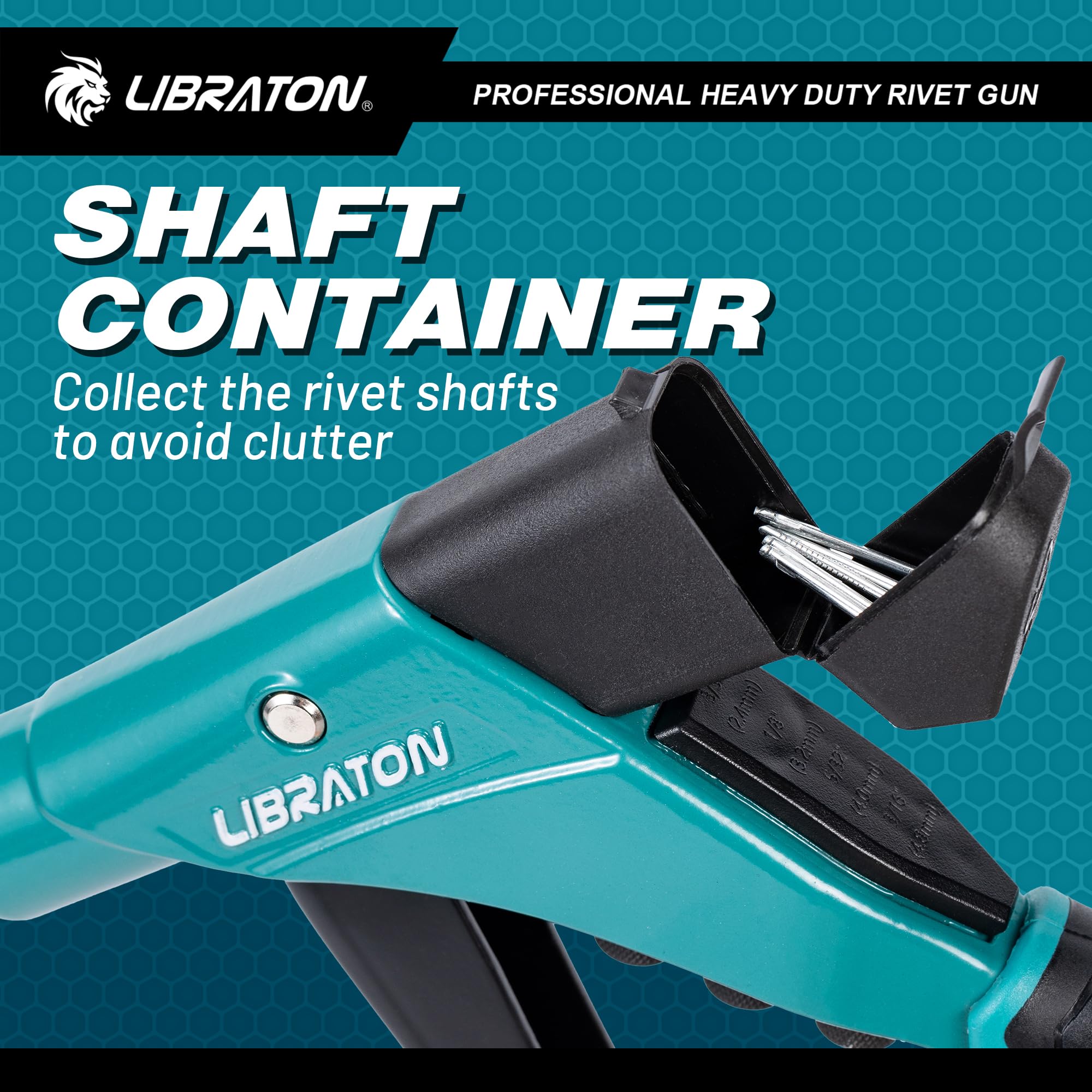 LIBRATON rivet gun safety lock and shaft container keep parts secure.