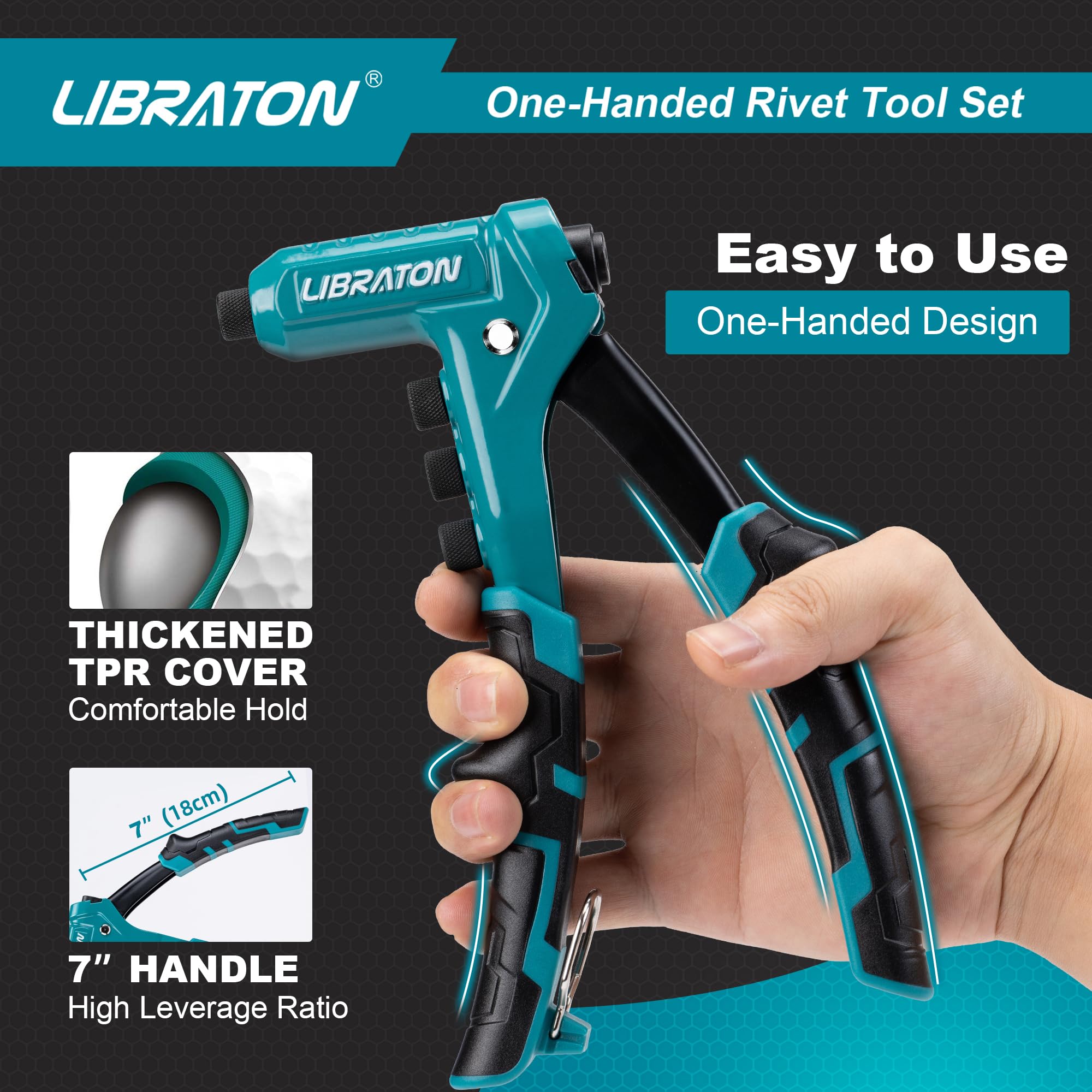 LIBRATON rivet kit with interchangeable heads for quick size changes.