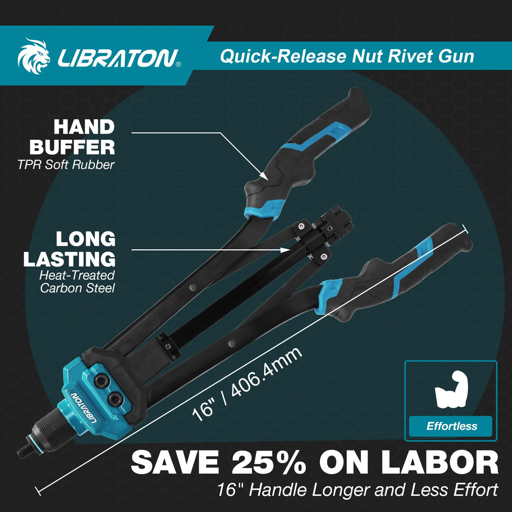 LIBRATON Rivet Nut Tool auto-release mechanism speeds rivet installation without manual unscrewing.