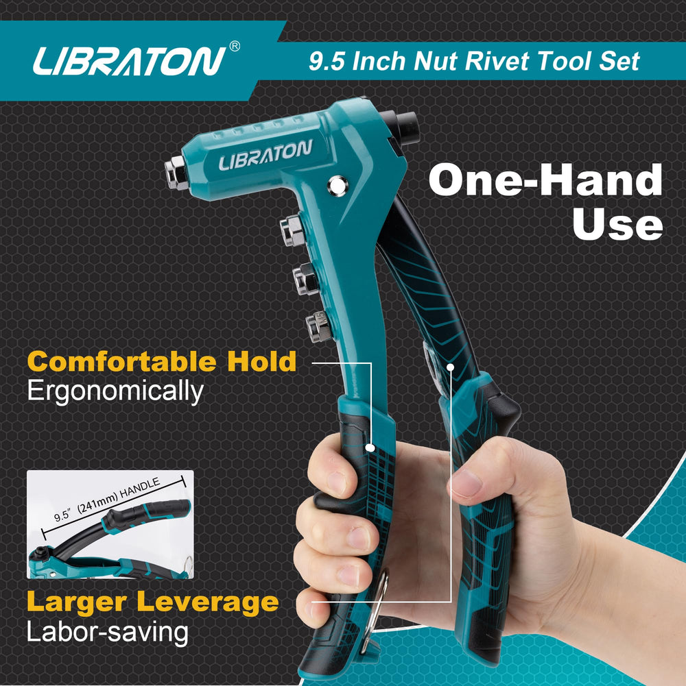 LIBRATON ergonomic-handle rivet nut tool enables comfortable one-handed operation.