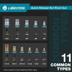 LIBRATON Rivet Nut Tool mandrels and nozzles ensure quick setup for different sizes.