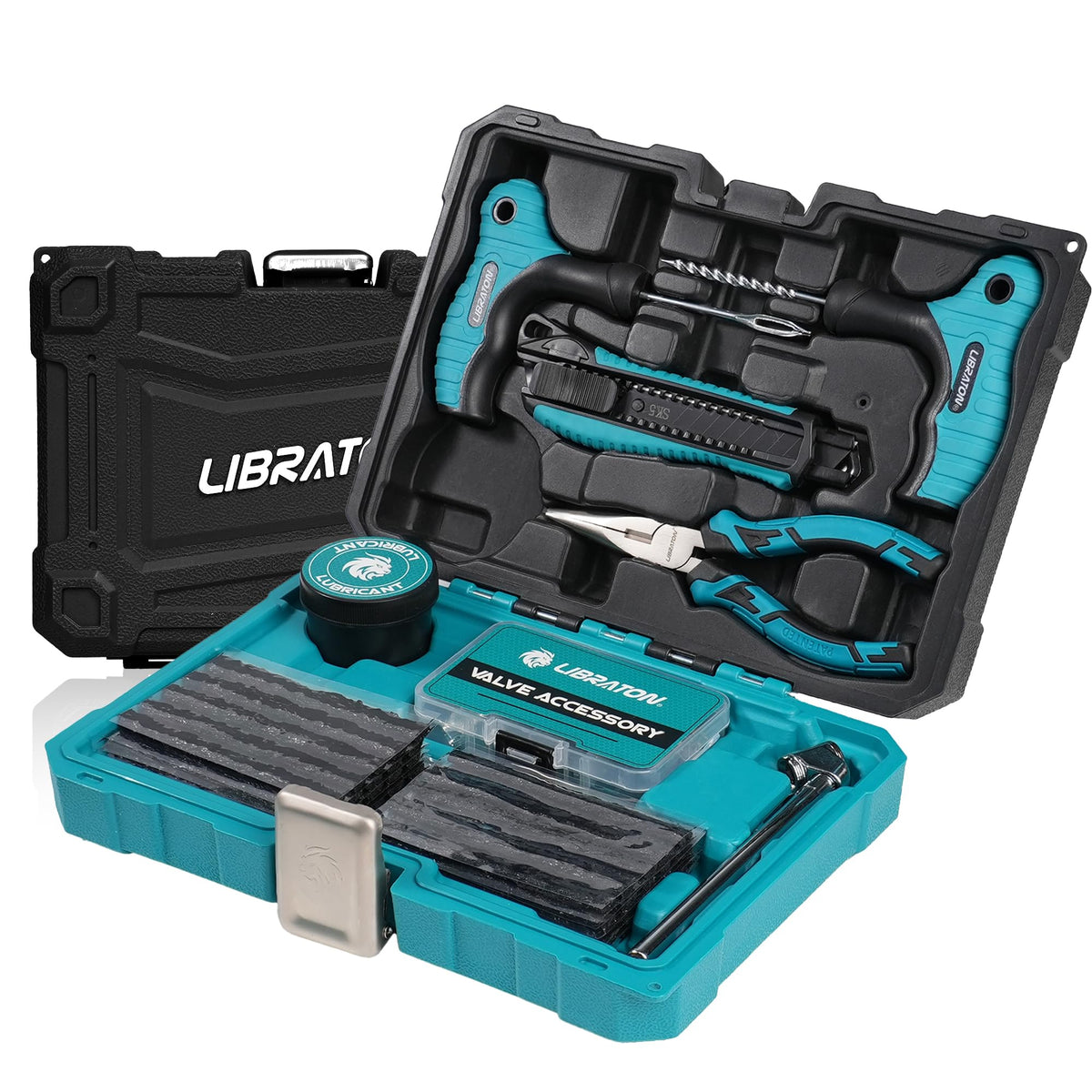 LIBRATON tire repair kit case and tools for quick roadside puncture repair.