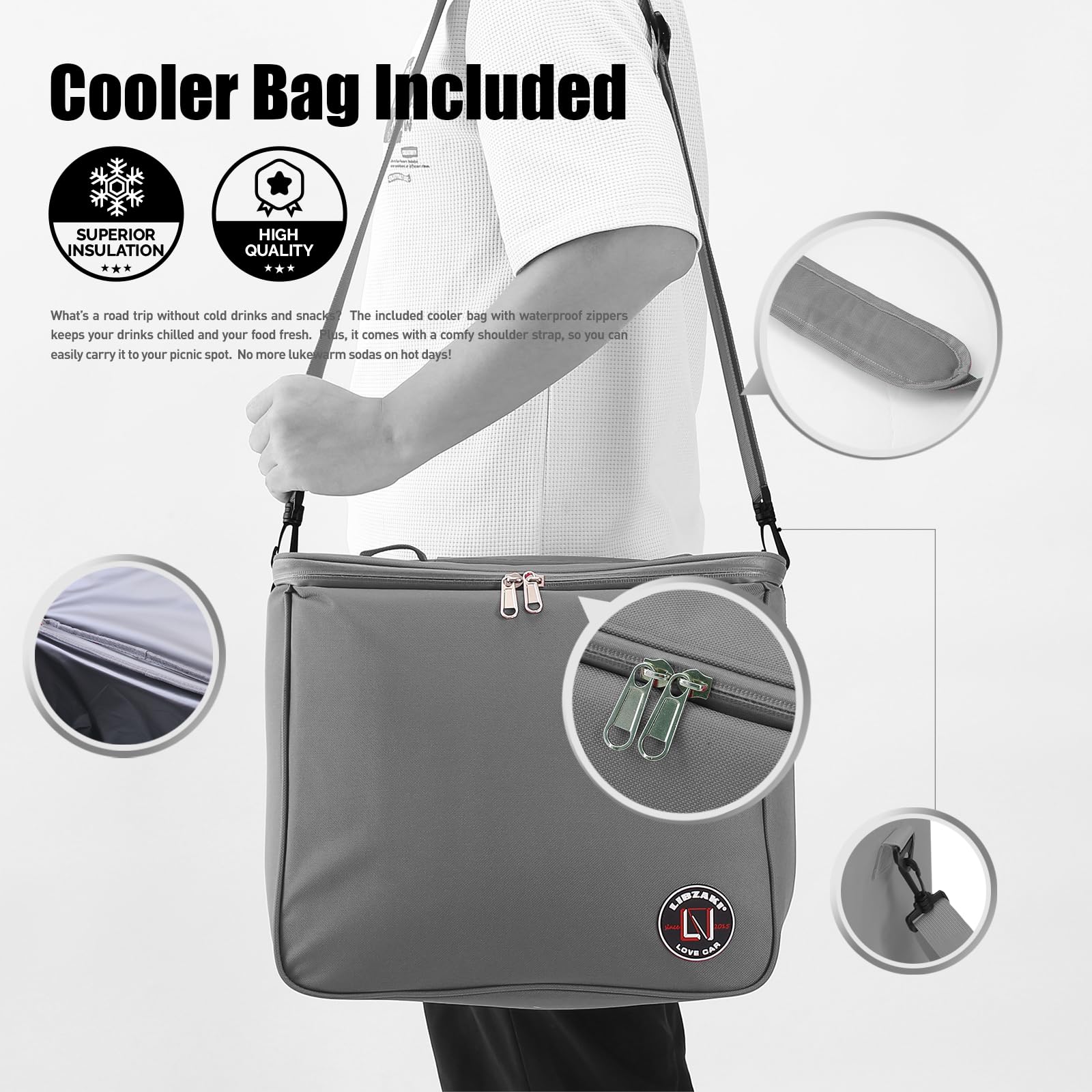 LIBZAKI trunk organizer with detachable ice bag carried on back or shoulder.