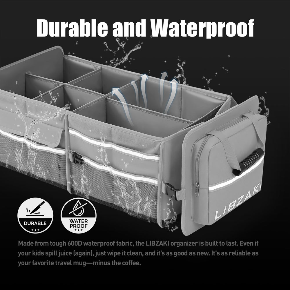 LIBZAKI trunk organizer compartments keep tools and cables neatly separated.
