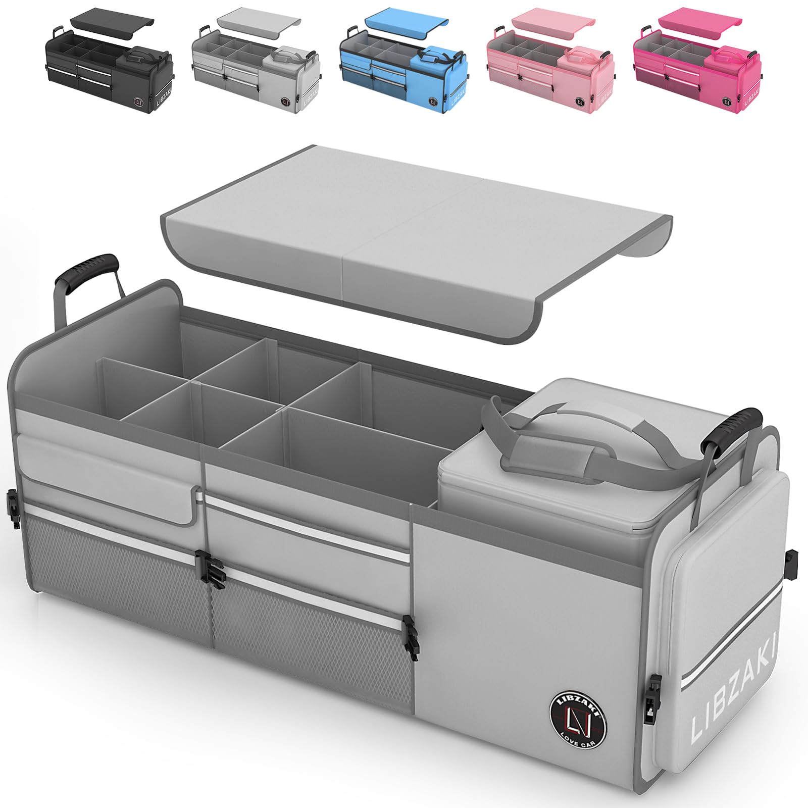 LIBZAKI Oversize 4 in 1 trunk organizer unfolded with 95L capacity for groceries.