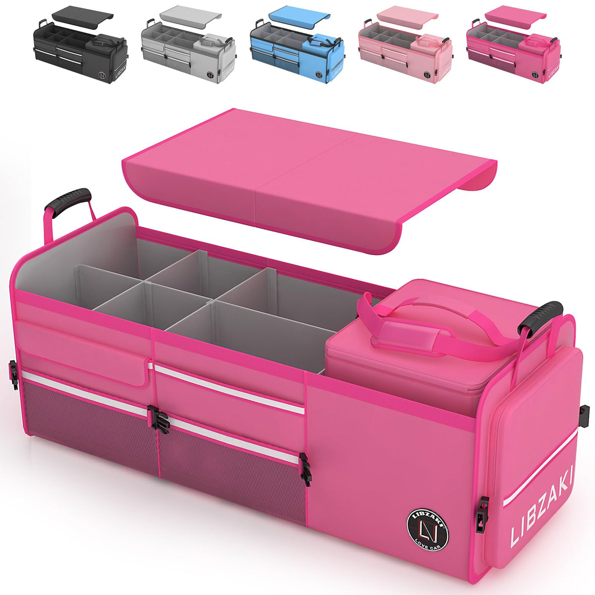 LIBZAKI rose-red oversize trunk organizer open view keeps groceries organized on road trips