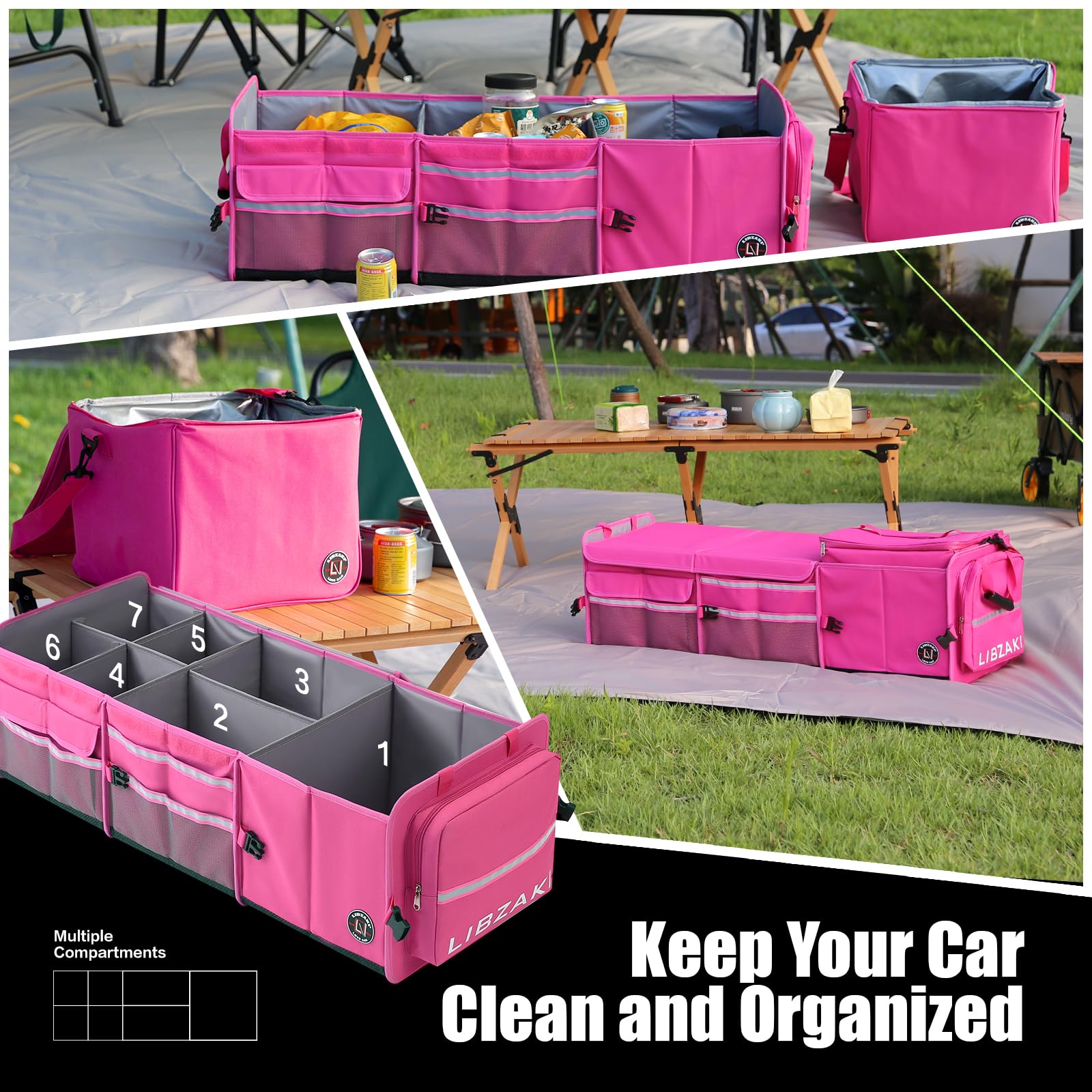 LIBZAKI rose-red trunk organizer in car use showcasing practical organization