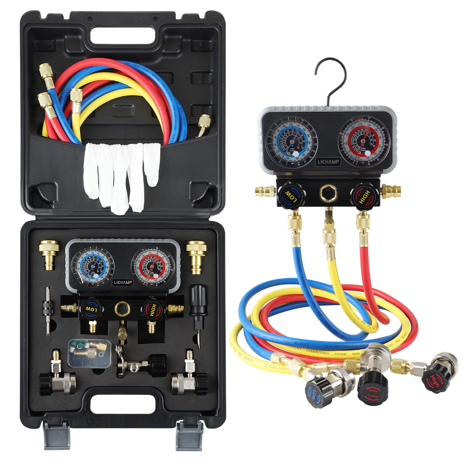 Lichamp AC gauge set with R1234YF, R134A, and R404A for charging and evacuation