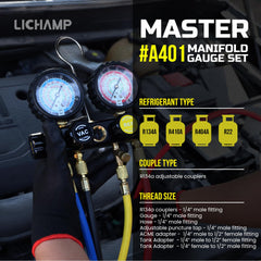 Lichamp gauges color-coded hoses for quick identification during charging and diagnostics.