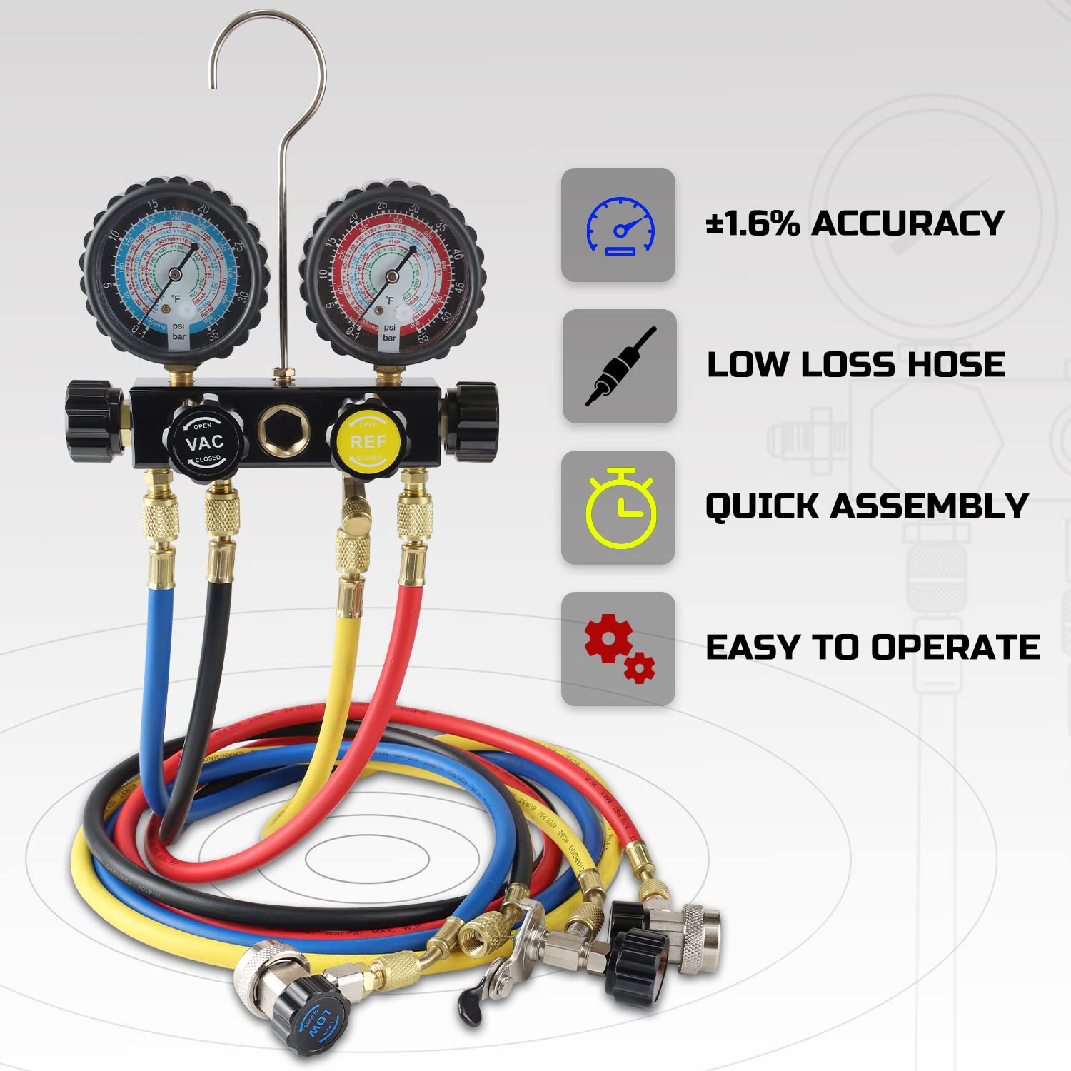 Lichamp gauges quick couplers enable fast connections on refrigerant lines.