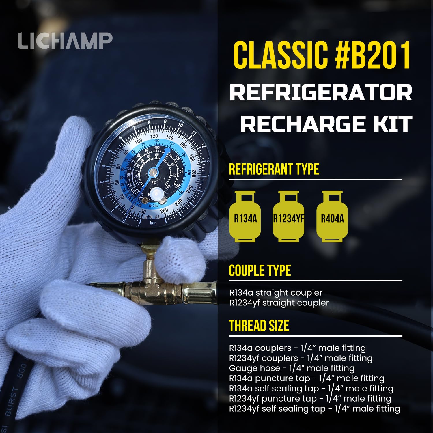 Lichamp refrigerant kit shows 5ft hose reach for convenient A/C work