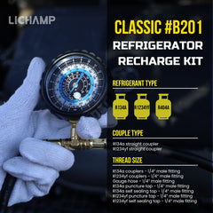 Lichamp refrigerant kit shows 5ft hose reach for convenient A/C work