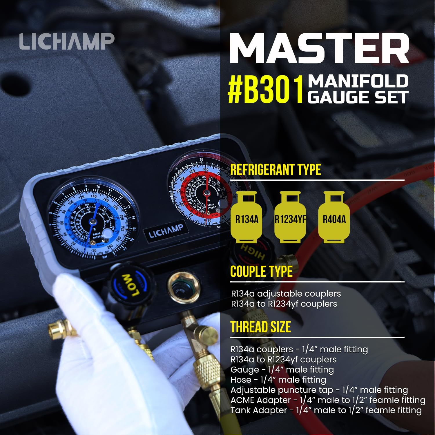 Lichamp three-way gauge hose assembly with large dials for easy readings