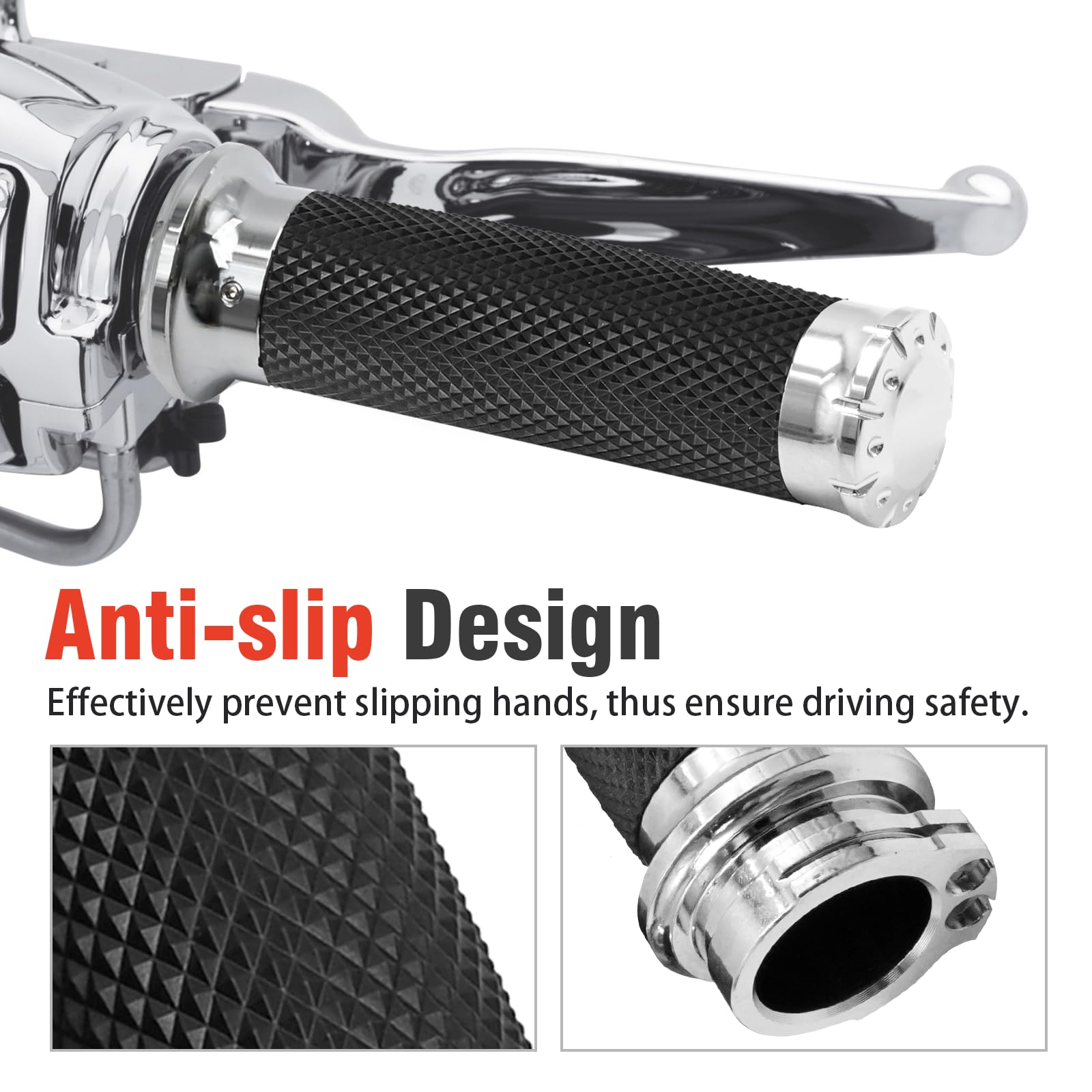 LIDSCURA chrome grips close-up showing precision aluminum and rubber construction.