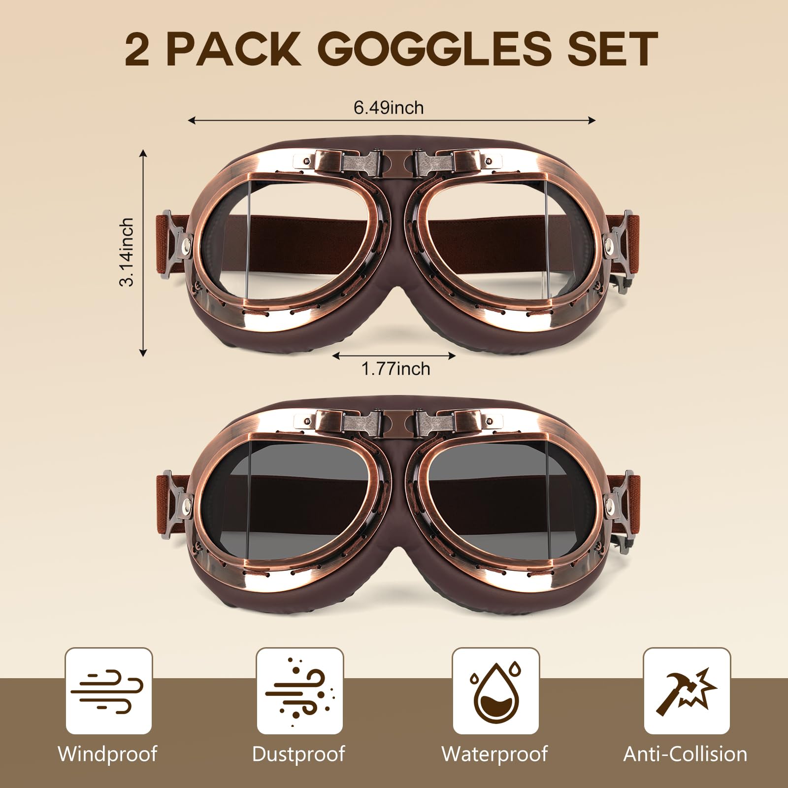 Lievermo Vintage Goggles close-up of PC lenses and ABS frame.