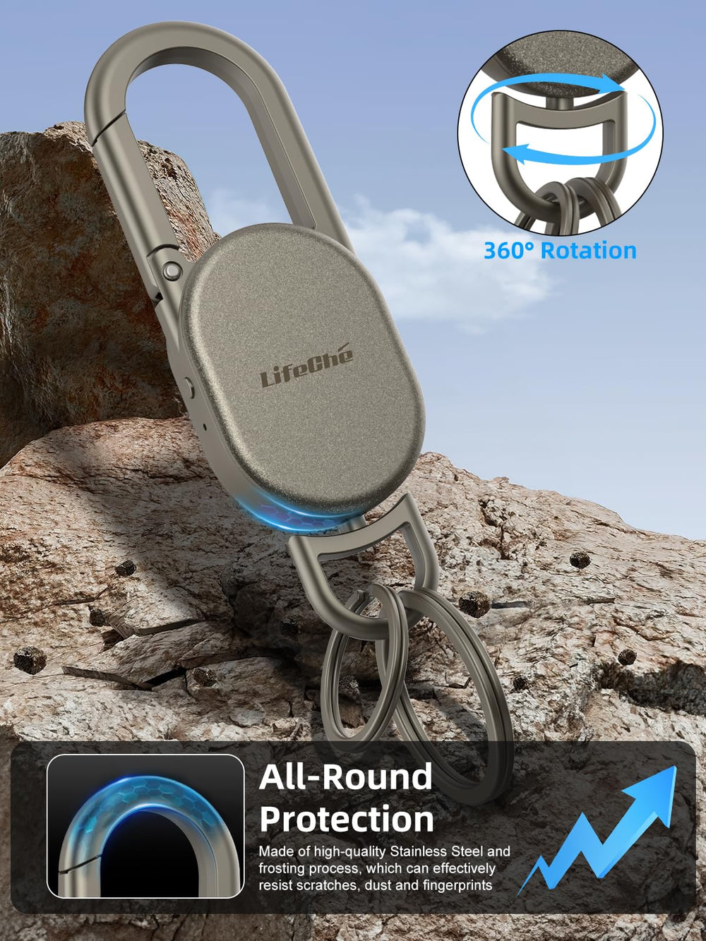 LifeChé rotating hook and carabiner attach easily to belts, bags.