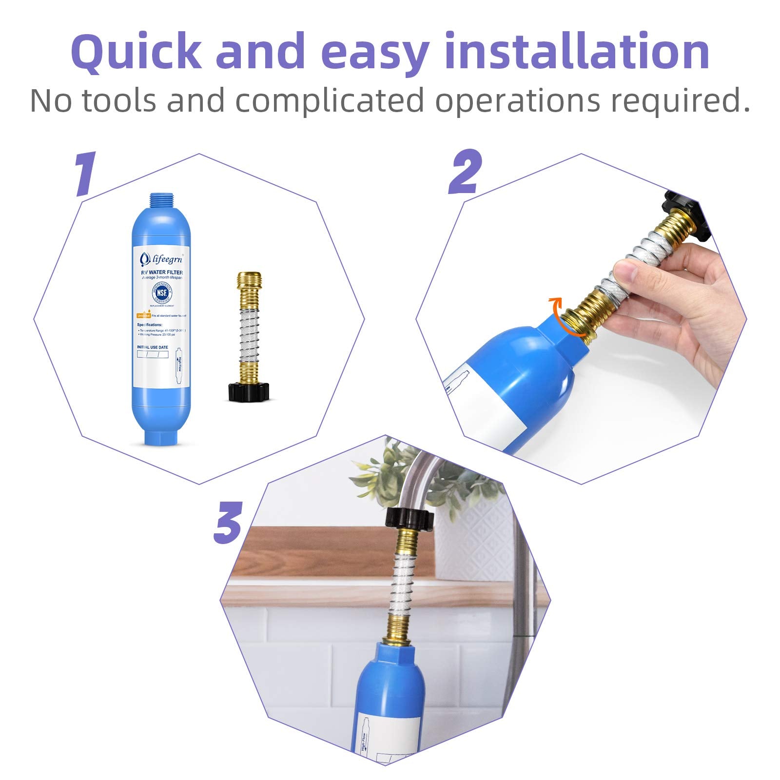 lifeegrn rv-water-filter inlet-outlet connection illustrates easy, reliable hookups.