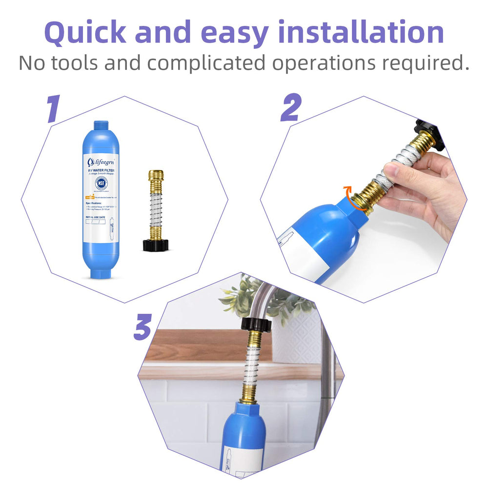 lifeegrn rv-water-filter inlet-outlet connection illustrates easy, reliable hookups.