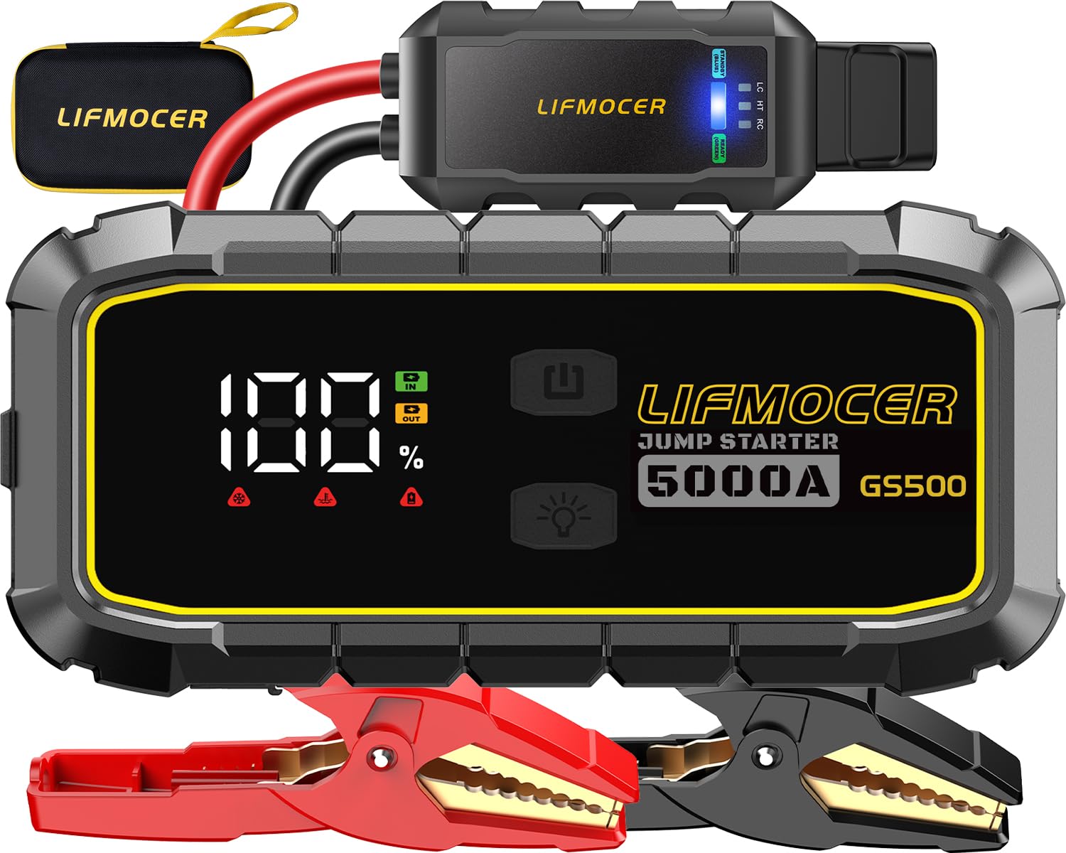 LIFMOCER 5000A jump starter packaging shows a ready-to-use roadside solution