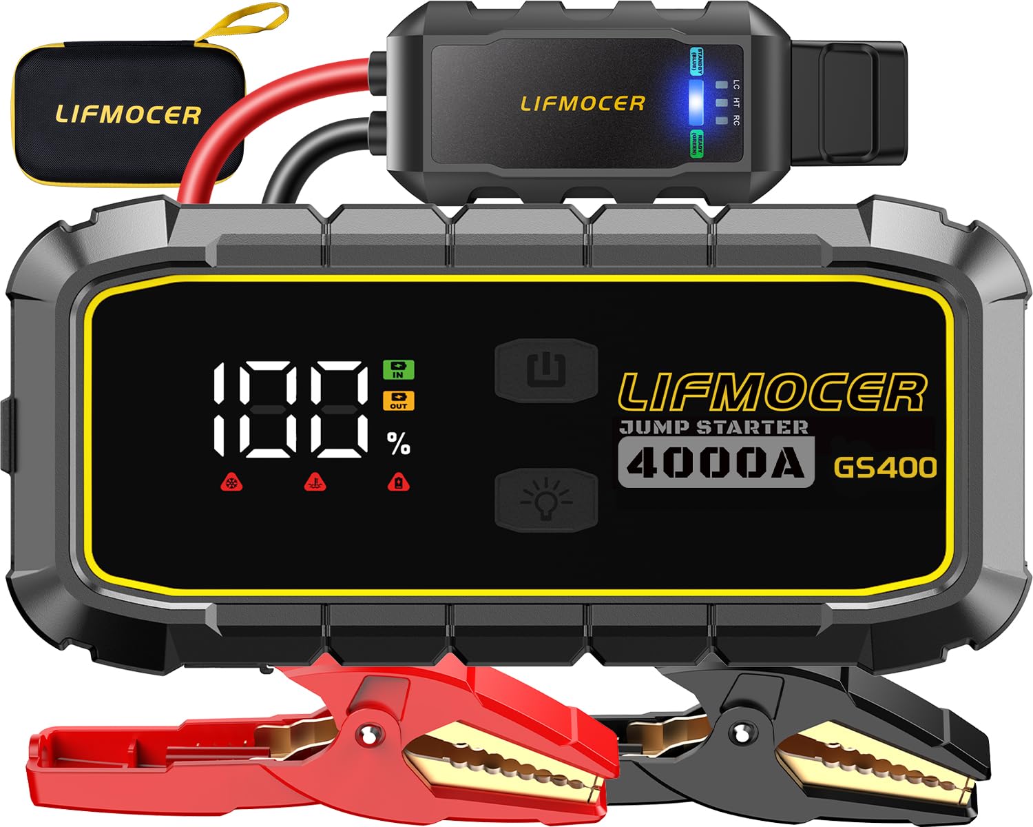 LIFMOCER GS400 jump starter unit ready for roadside use, high power and reliability.
