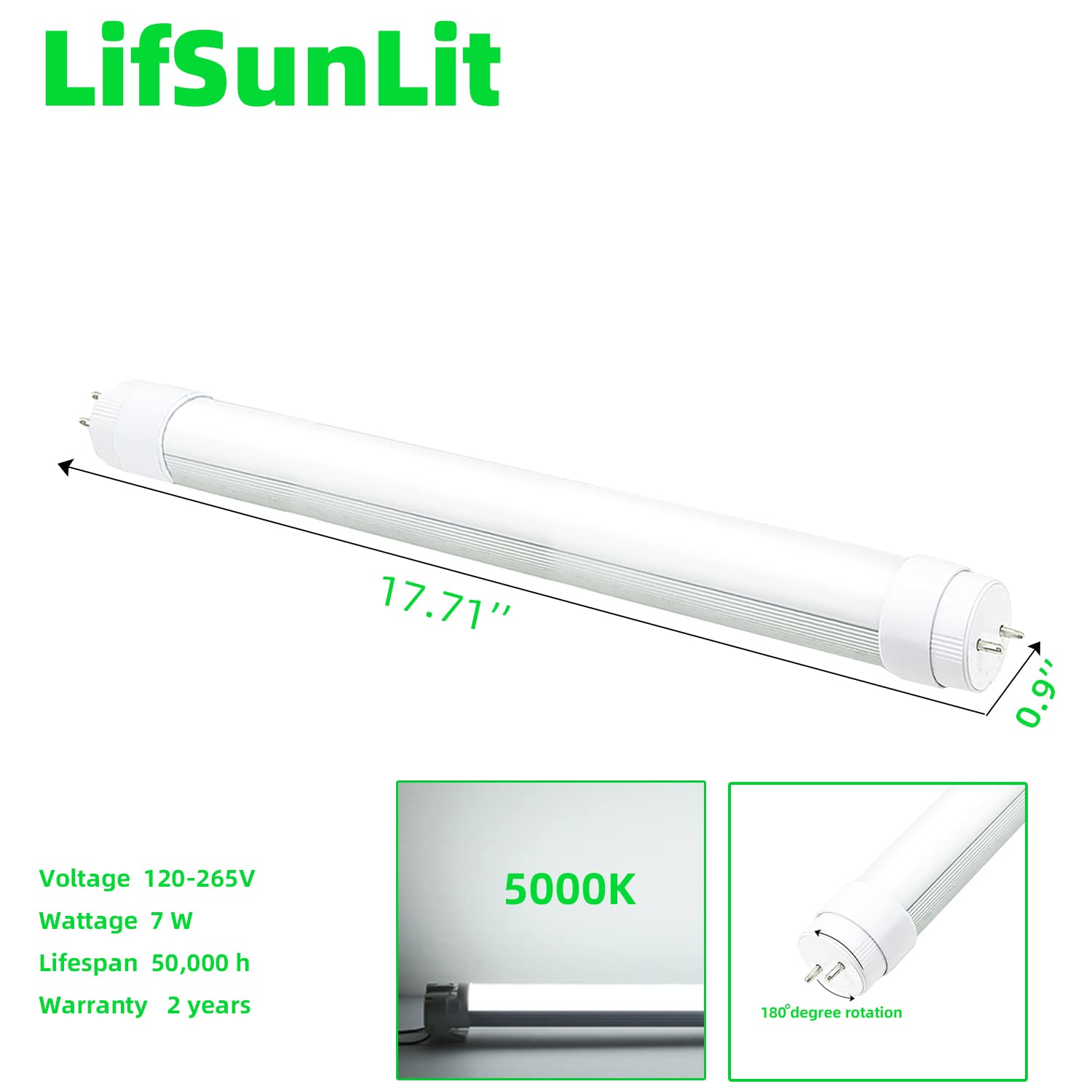 LifSunLit F15T8 bulb with frosted cover for soft, even glow.