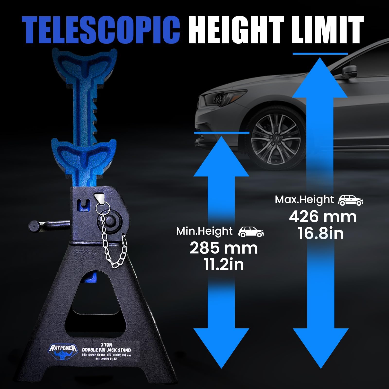 ANTPOWER 3 Ton jack stands front view highlighting stability for garage work