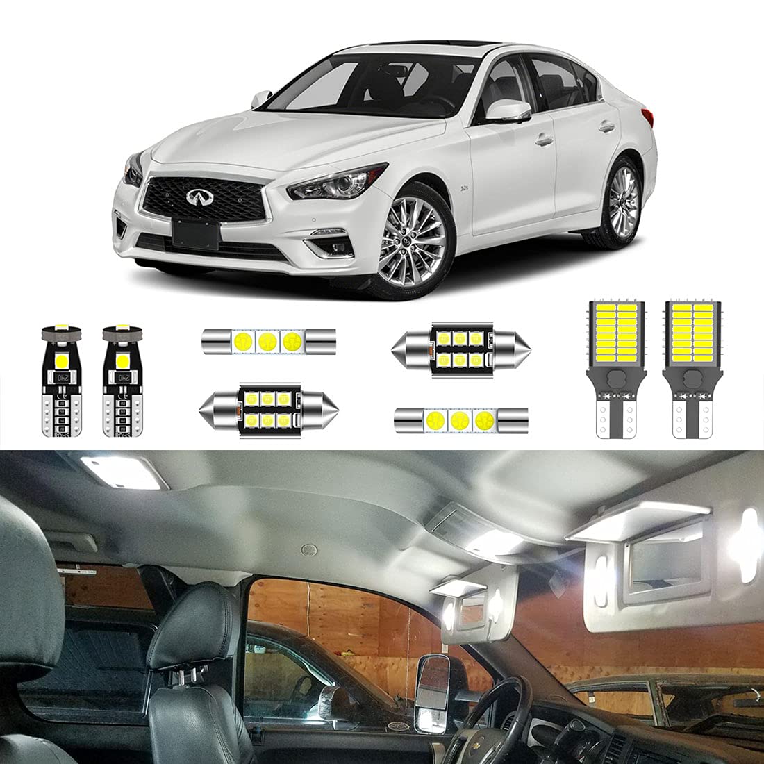 LIGHSTA interior dome lights illuminate Infiniti Q50 cabin with bright 6000K white glow.