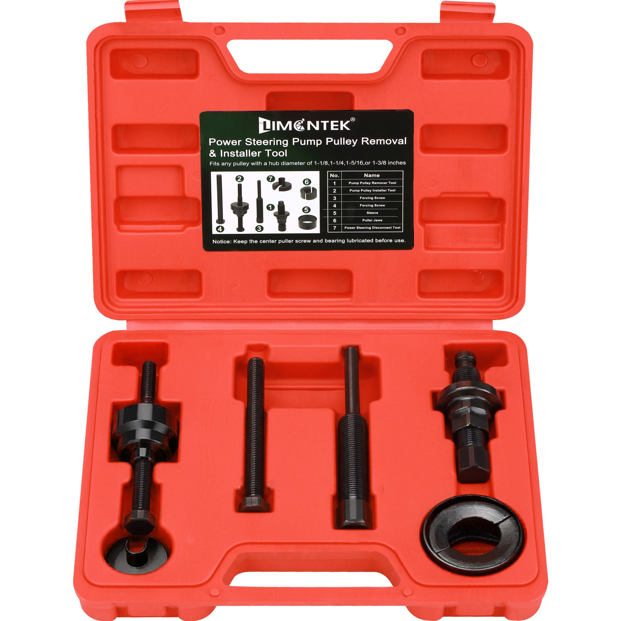 Limontek power steering pulley puller set in case for on-site use