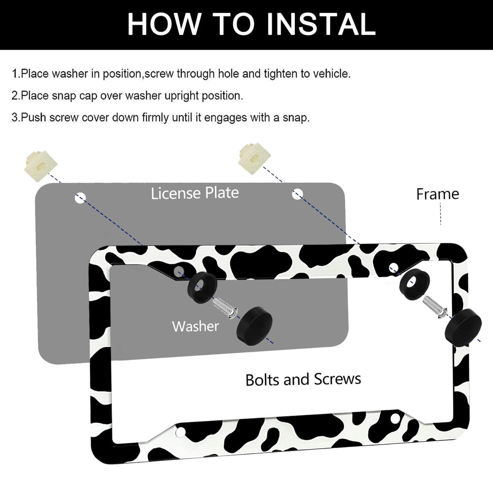 LIN KANG cow print license plate frame 4-hole mount for secure fitting.