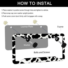 LIN KANG cow print license plate frame 4-hole mount for secure fitting.