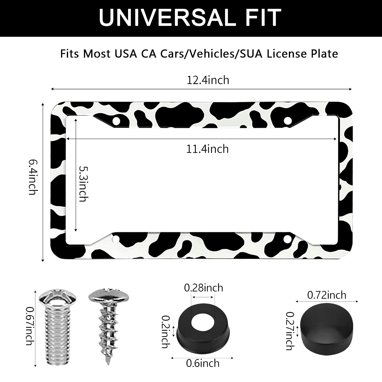 LIN KANG cow print license plate frame front view showcases bold styling.