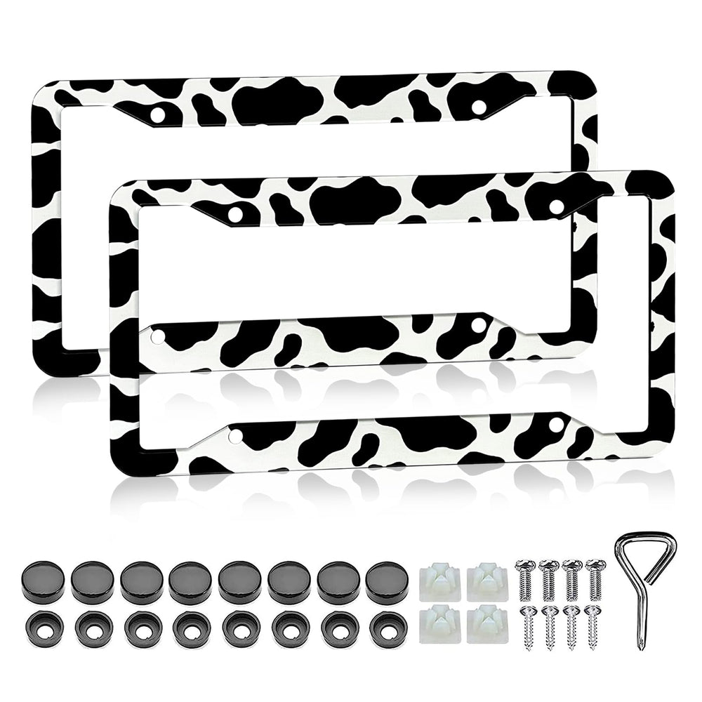 LIN KANG cow print license plate frame pack 2 adds bold, durable style.