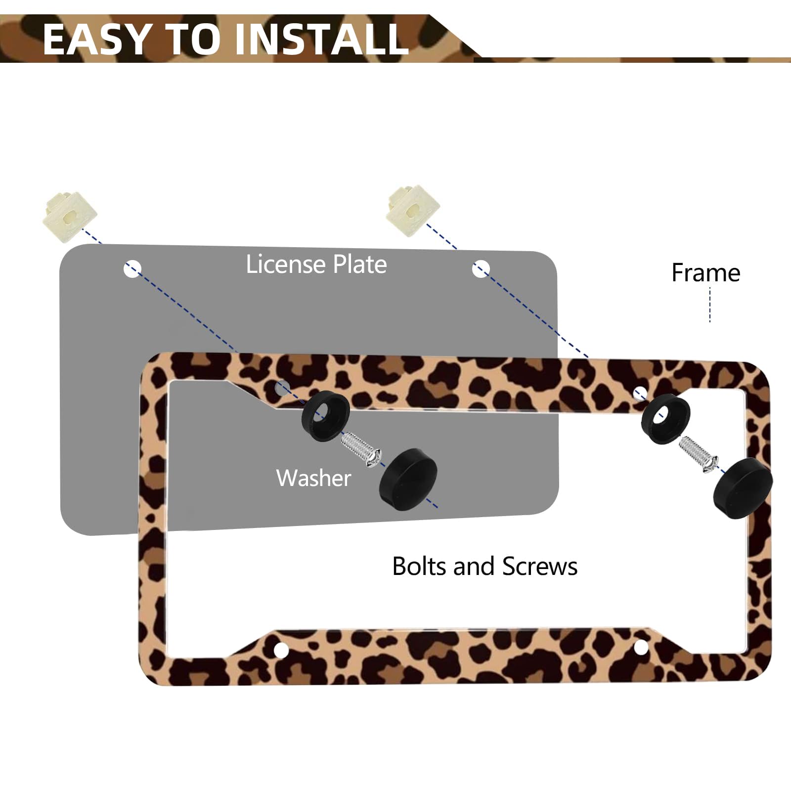 LIN KANG leopard print license frame four-hole setup for secure mounting.