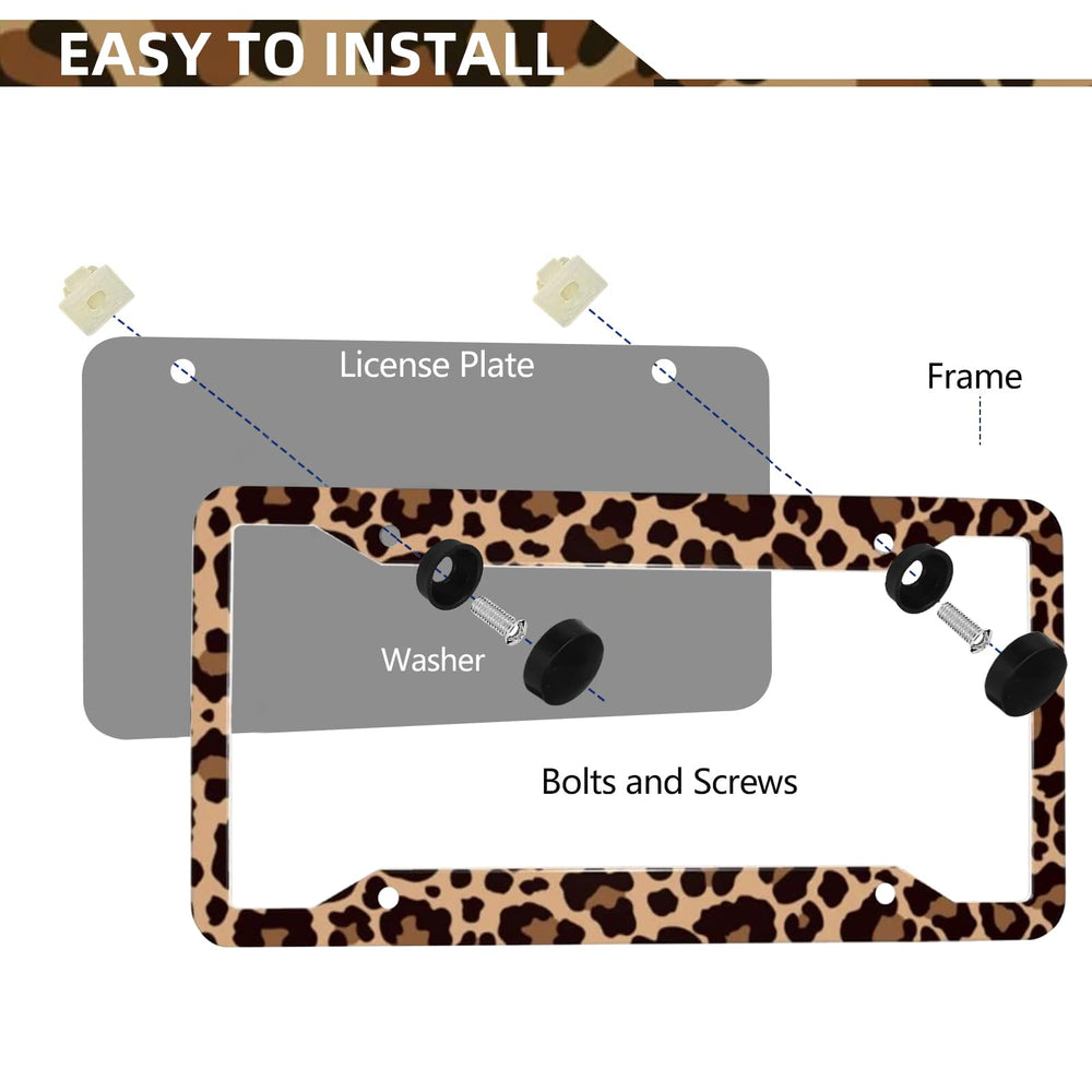 LIN KANG leopard print license frame four-hole setup for secure mounting.