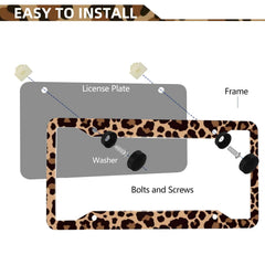 LIN KANG leopard print license frame four-hole setup for secure mounting.