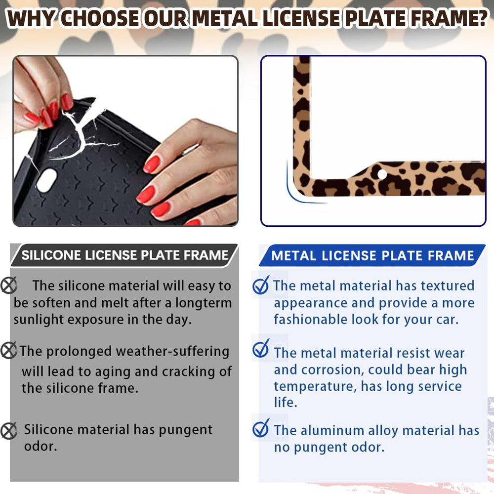 LIN KANG leopard print license frame aluminum construction resists rust.