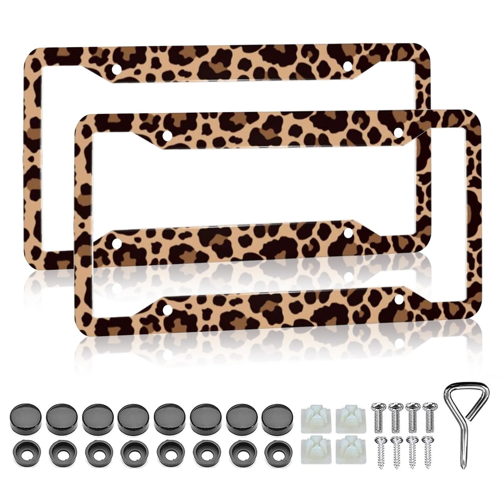 LIN KANG leopard print license frame front view adds bold style and durability.