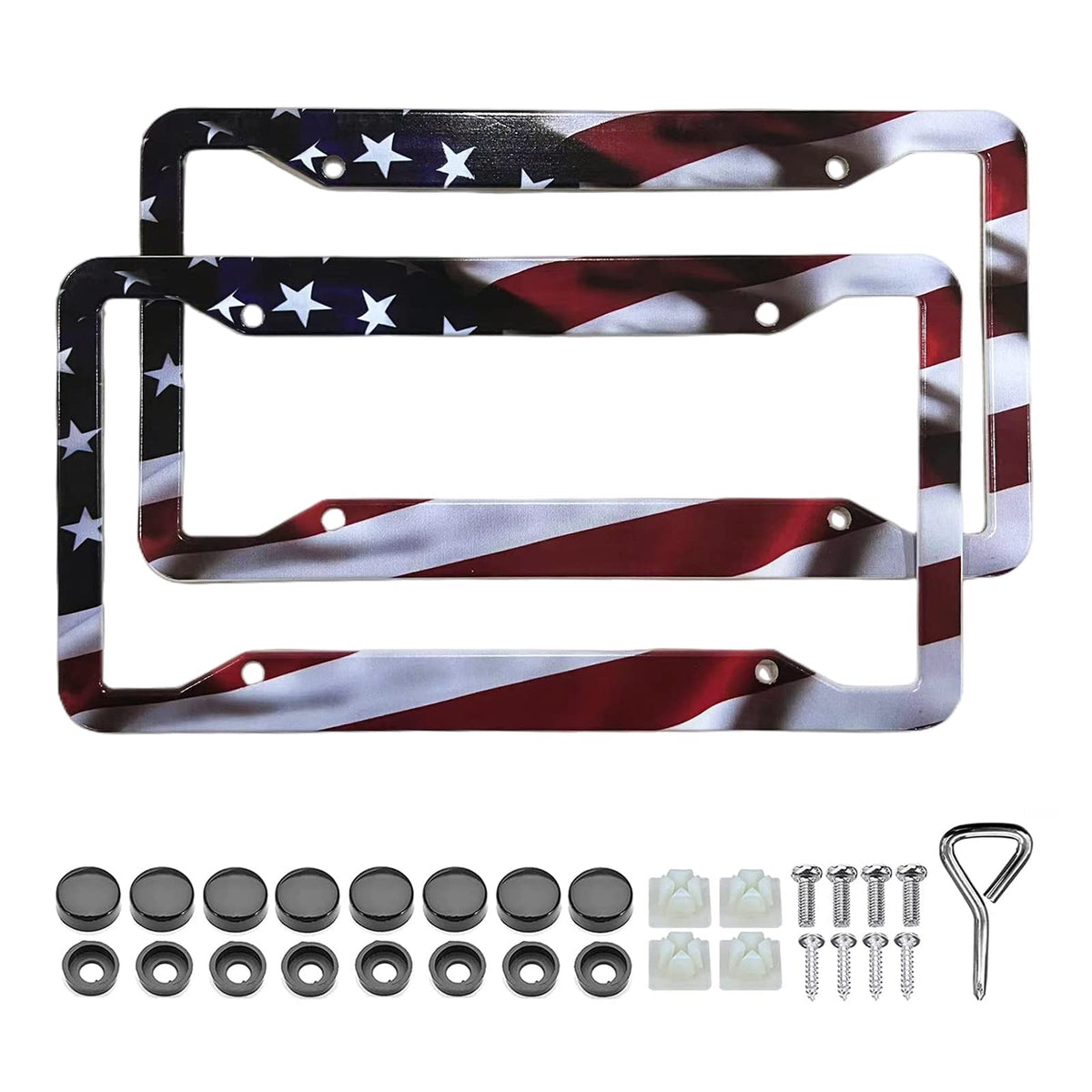 LIN KANG American flag license plate frame 2-pack highlights patriotic design and durability.