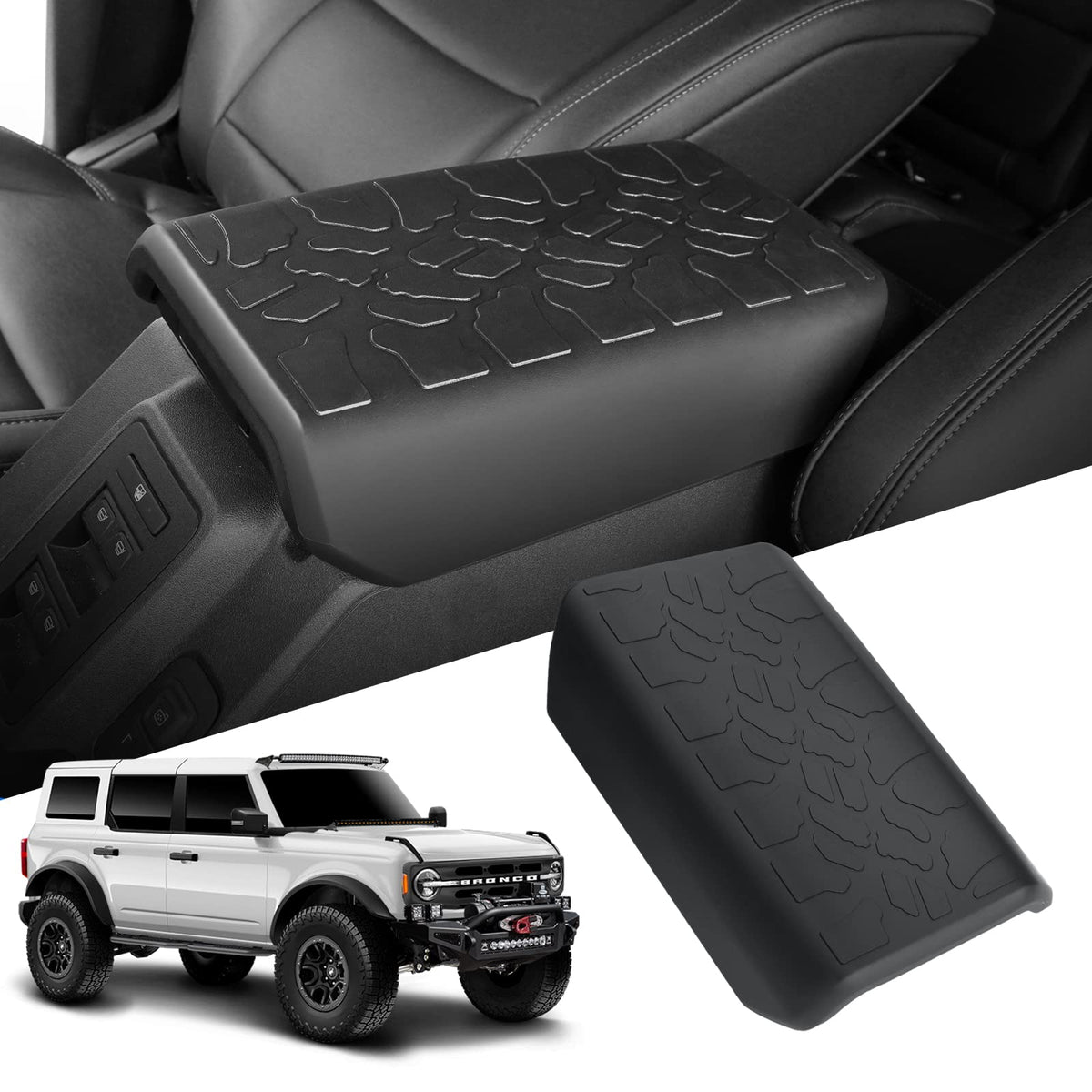 LinkCRO center console armrest cover for Bronco 2021-2024 protects interior from pet scratches.