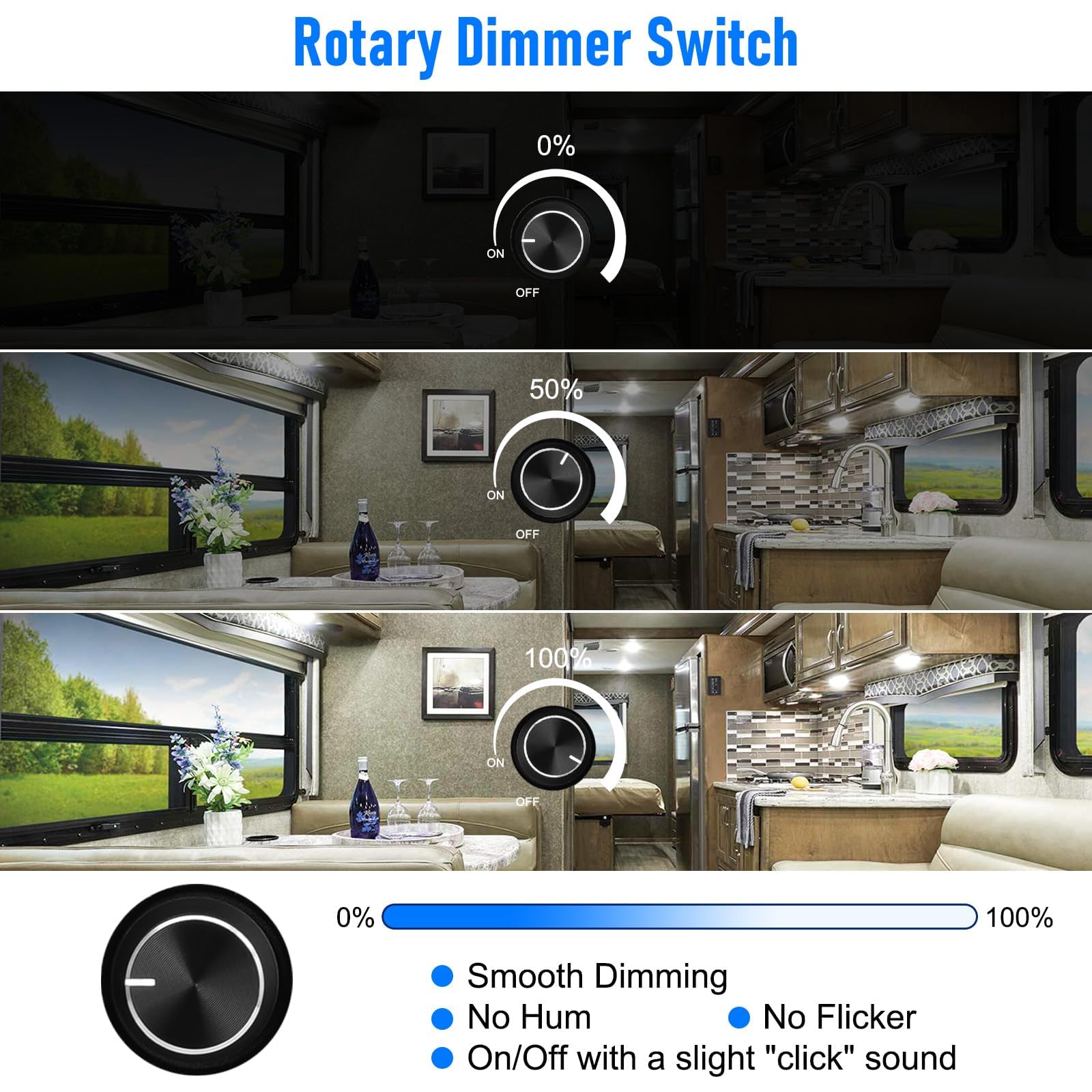 Linkstyle 12V dimmer switch in use with a dimmed LED light for ambiance.