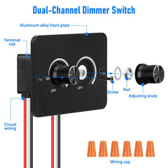 Linkstyle 12V dimmer switch wiring connectors showing red, black, white leads for quick setup.