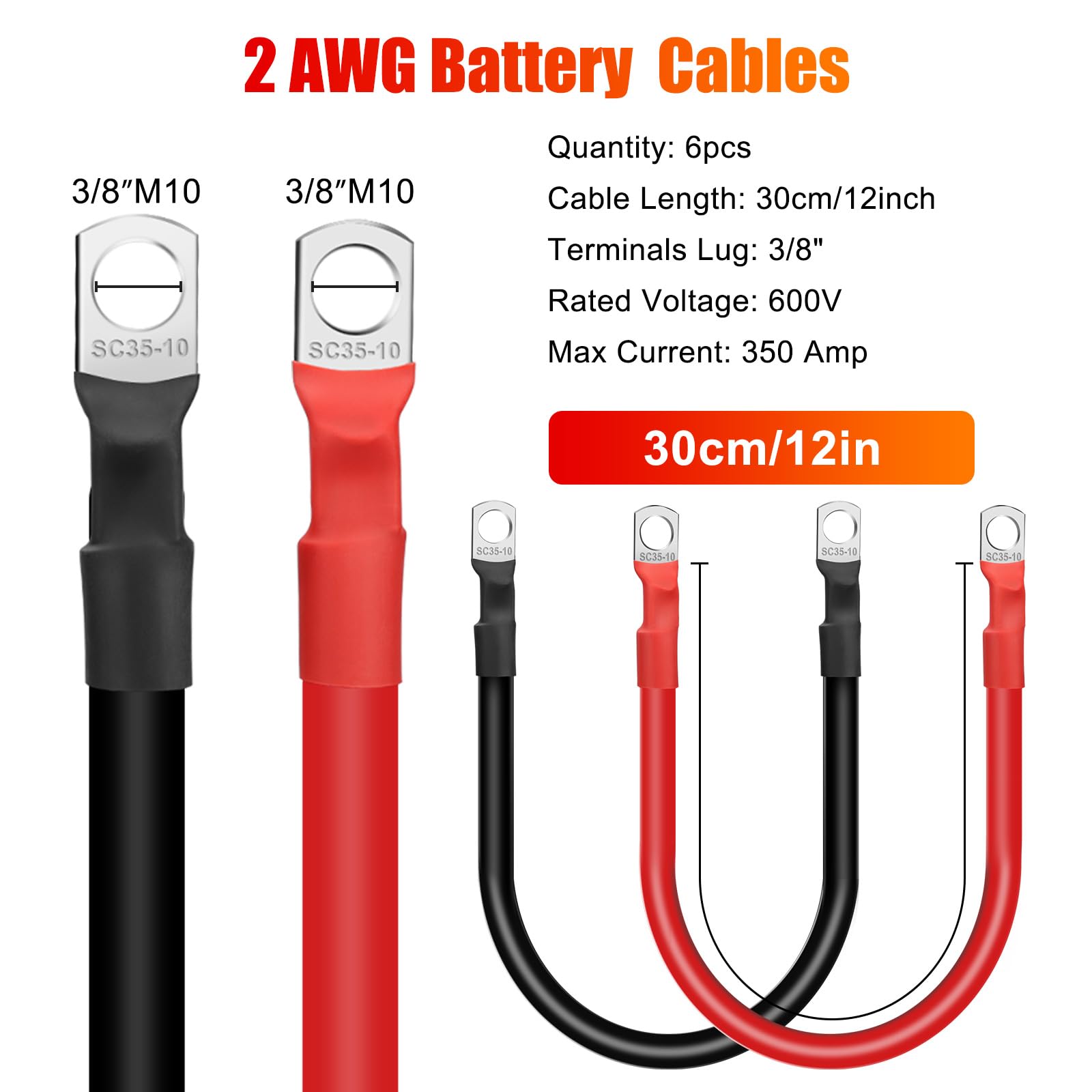 Linkstyle 12in red-black battery cables with tin-plated 3/8 inch lugs for durable terminals